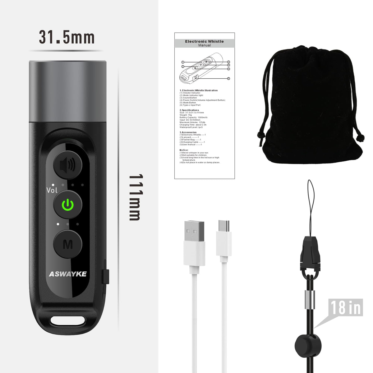 aswayke Electronic Whistle Highest IPX5 Maximum Sound 125db Battery 1000mAh Black for Coaches Teacher, Sports Whistle