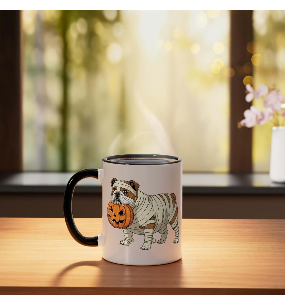 Halloween Dog English Bulldog Mummy Costume Men Women Kids Ceramic Mug, Black/White