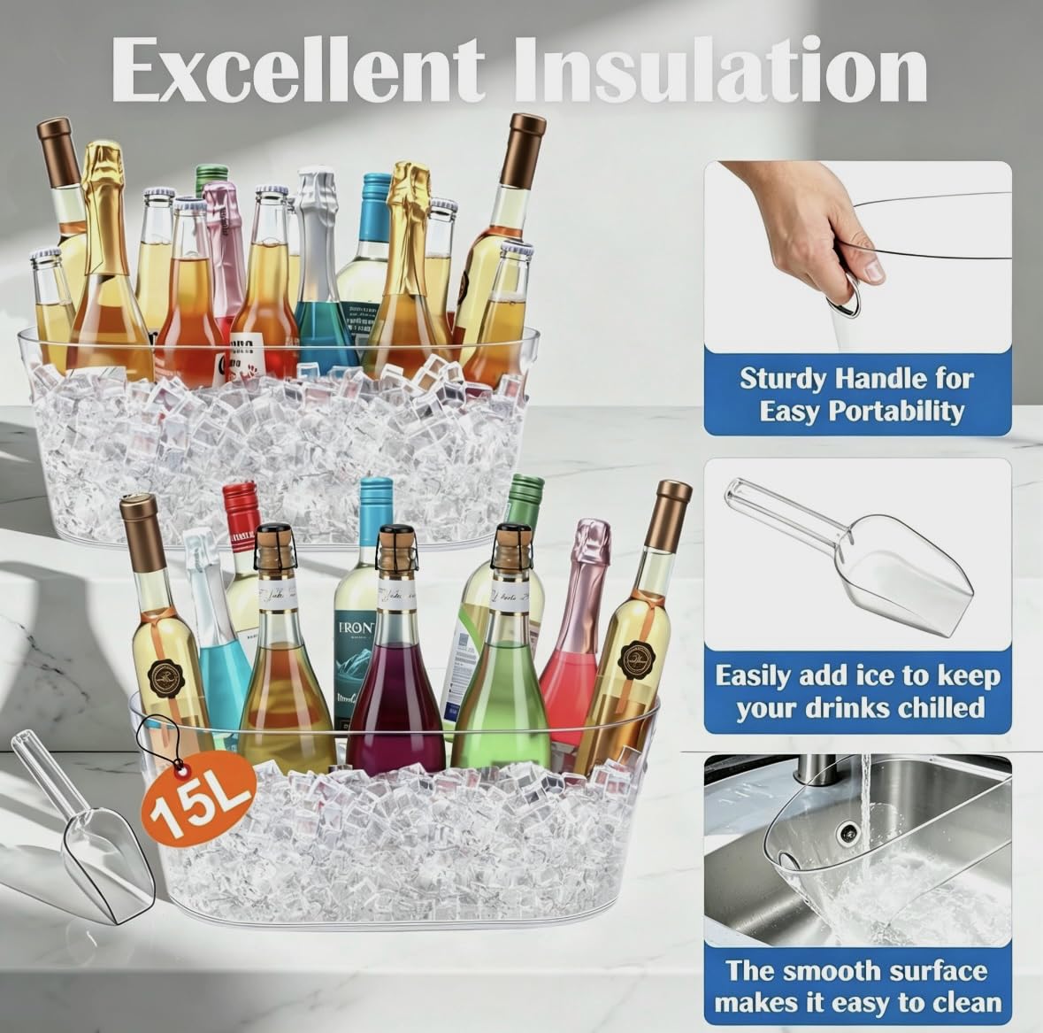 15L Large Ice Buckets for Parties, 2 Pack Champagne Ice Buckets, Portable Beverage Tub with Scoops for Champagne Beer Drink Wine Cocktails for Mimosa Bar Party Supplies