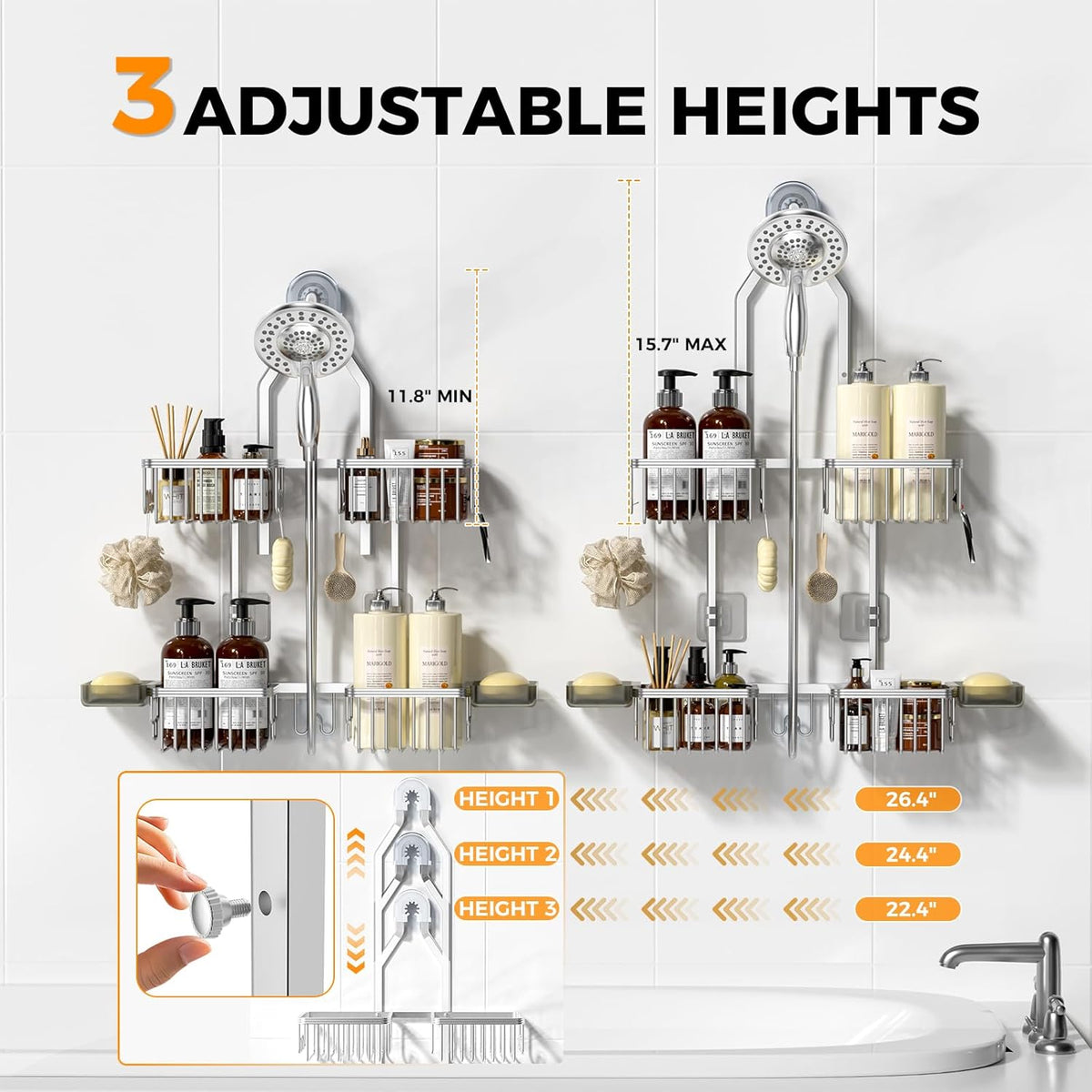 Reinhardt Aluminum Shower Caddy - Adjustable Rustproof Organizer with Hooks & Soap Holders | Silver