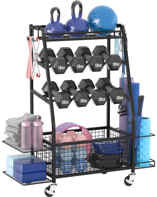 Staransun Staransun Dumbbell Rack Stand - Weight Rack for Dumbbells - Home Gym Storage Rack with 4 Flexible Wheels - Weight Rack for Home Gym with Side Storage and Hooks