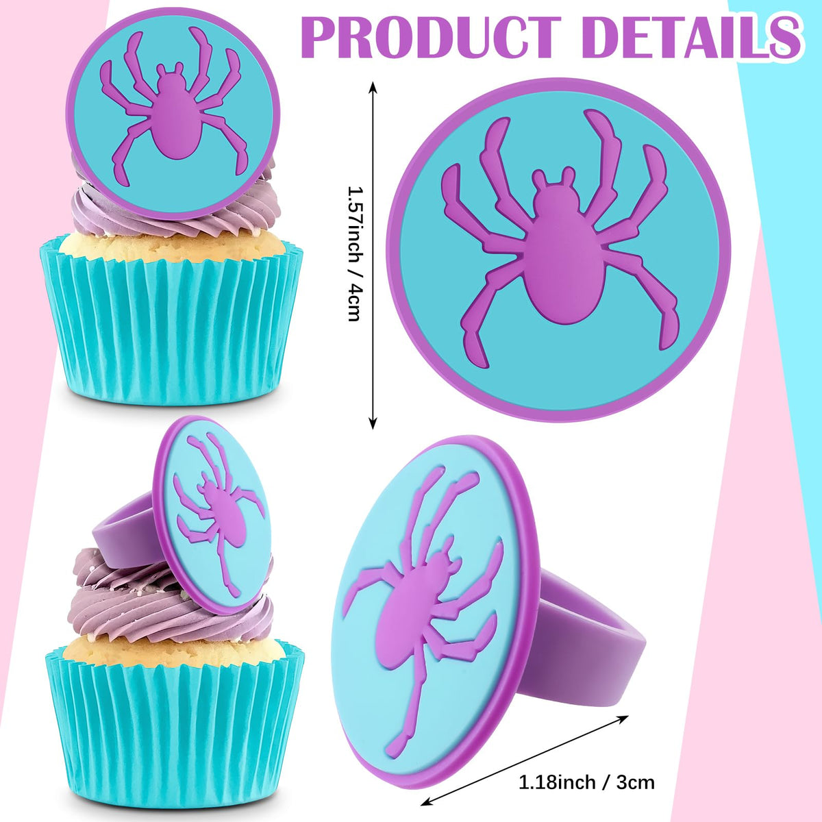 RoundFunny 48 Pcs Spider Cupcake Toppers Cake Decorations Spider Birthday Party Decoration Cupcake Dessert Rings Toppers for summer Party Gifts Classroom Prizes(Teal/Purple/Pink)