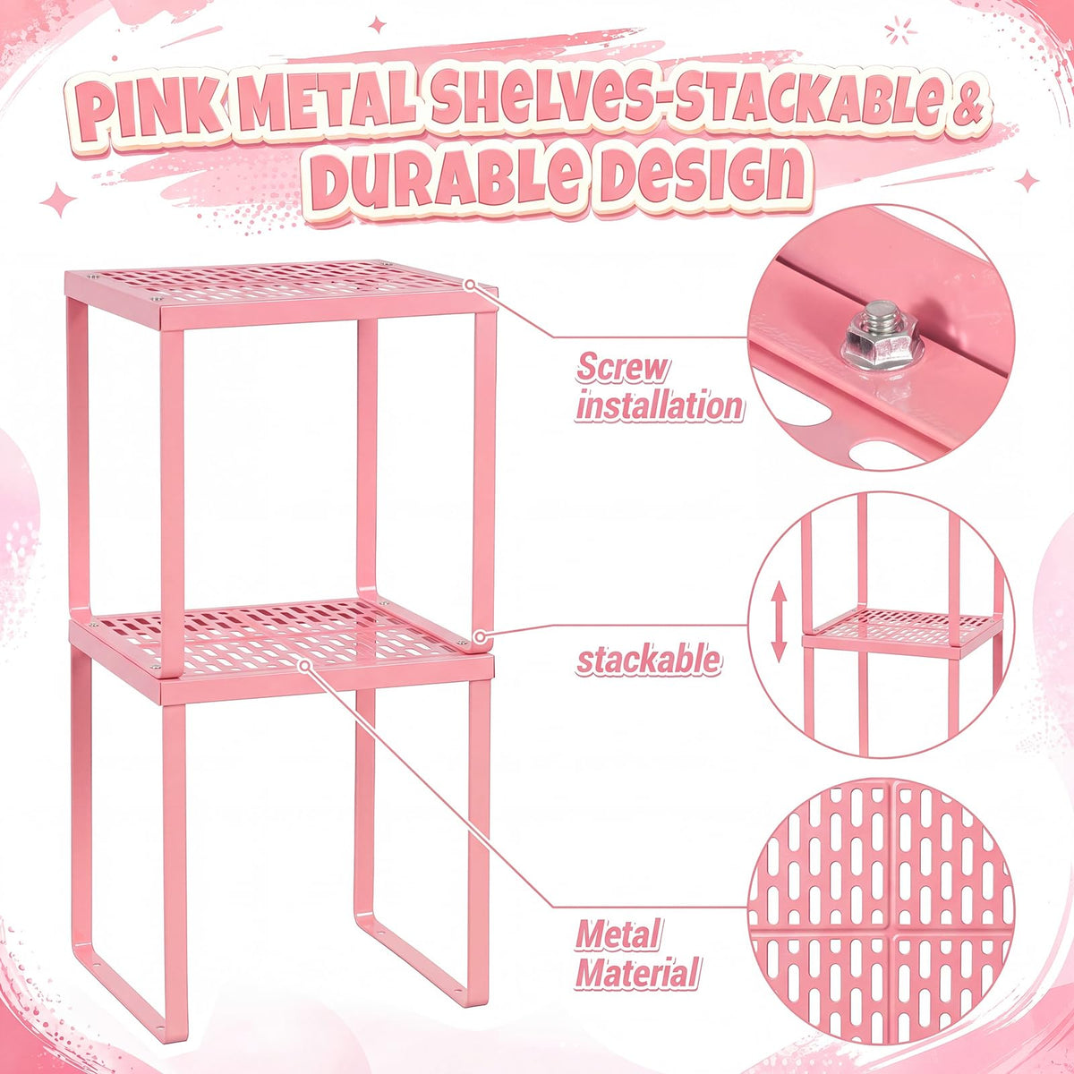 Colarr 2 Pcs Locker Organizer Shelf Stackable 2-Tier Shelves Fits Standard Size School Lockers Heavy Duty Metal Locker Shelf for School Office Gym Lockers Home Storage 11x 10 x 12 Inch(Pink)