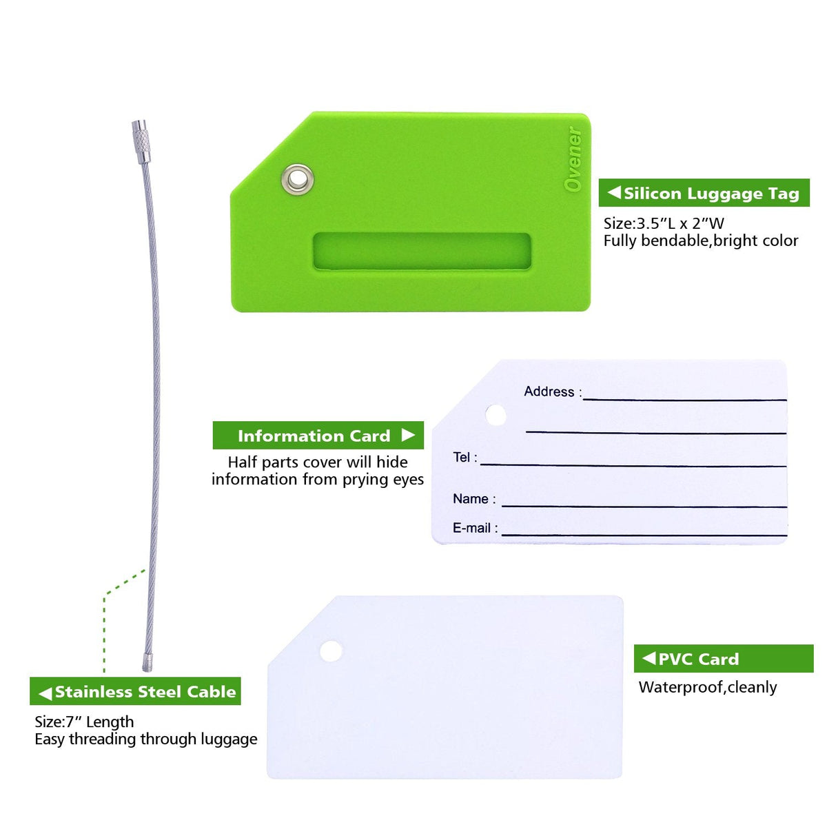 Silicone Luggage Tag with Name ID Card and Digit Number Showed 1-5 Green