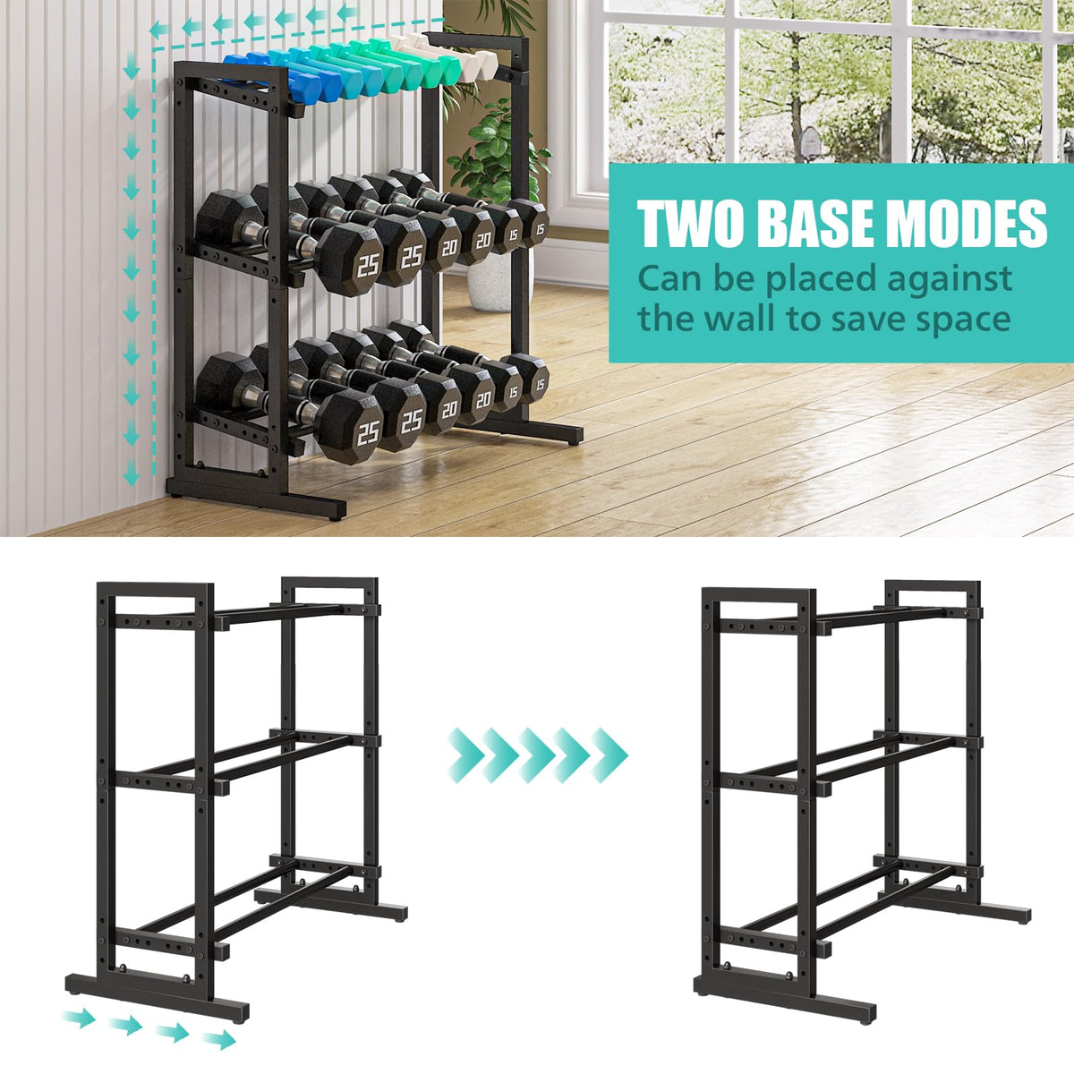 Kificet 3 Tier Adjustable Dumbbell Rack, 33.6-Inch Weight Rack for Home Gym, Extended Base kettlebell holder for Home Gym, Space-Saving Dumbbell Stand - 900LBS Capacity (Rack Only)