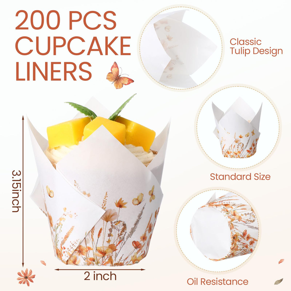 Maxdot 200 Pcs Fall Floral Tulip Cupcake Liners for Baking Autumn Wildflower Paper Muffin Baking Cups Flower Tulip Muffin liners Wrappers for Thanksgiving Baby Shower Wedding Birthday Party Decor