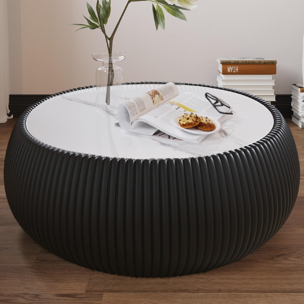 KEIKI Round Coffee Table, Mid Century Modern Tea Tables w/Marble Desktop, No Assembly Required Drum Shaped Corner Center Drink Tables, Accent Side Cafe Desk for Living Room, PU Wrapped Frame, Black