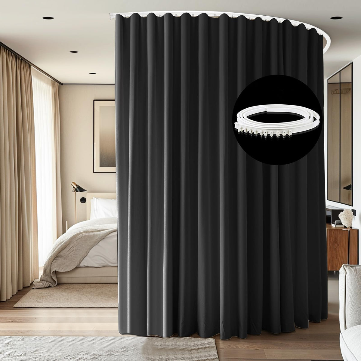 cbsroro Room Divider Ceiling Mounted Curtains Track Sets Extra Wide Blackout Curtain Flexible Tracks for Bedroom Privacy Partition Separator, 1 Panel Black Drape and White Rail, W8.3 x H8ft