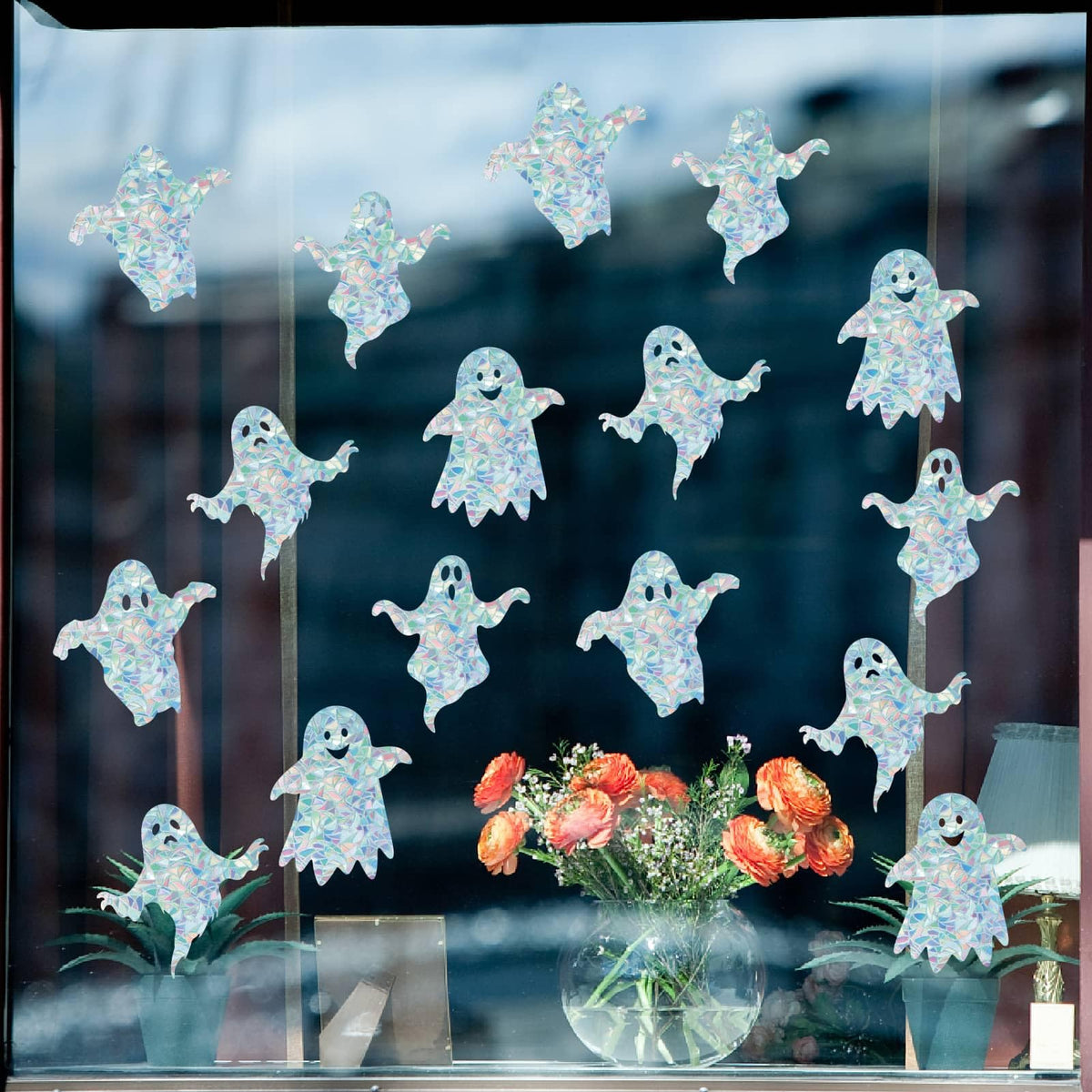 GORGECRAFT 16Pcs 4 Styles Halloween Window Clings Ghost Rainbow Window Decals Non-Adhesive Prism Windows Stickers Suncatcher Anti-Collision Cling to Save Birds from Door Collision Strike for Home