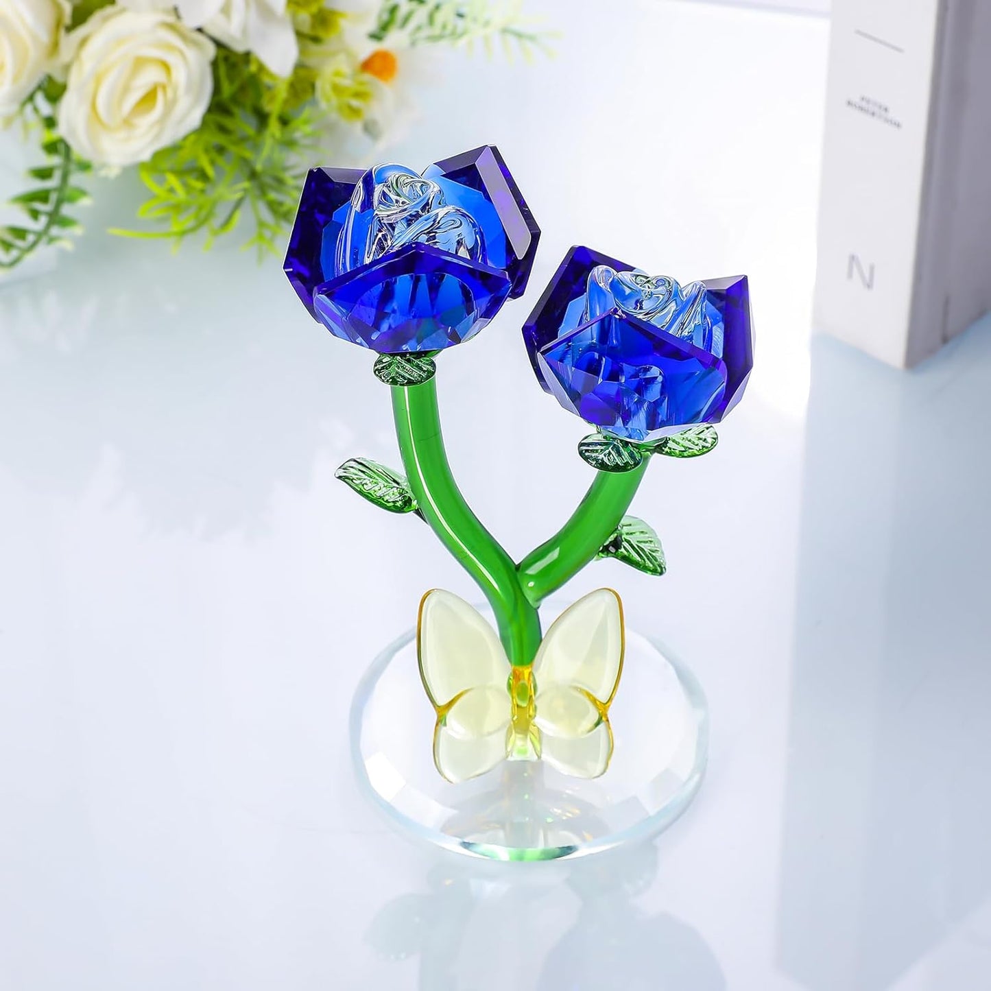 LONGWIN Crystal Blue Rose Figurine - Elegant Glass Flower Bouquet Home Decor Gift for Women