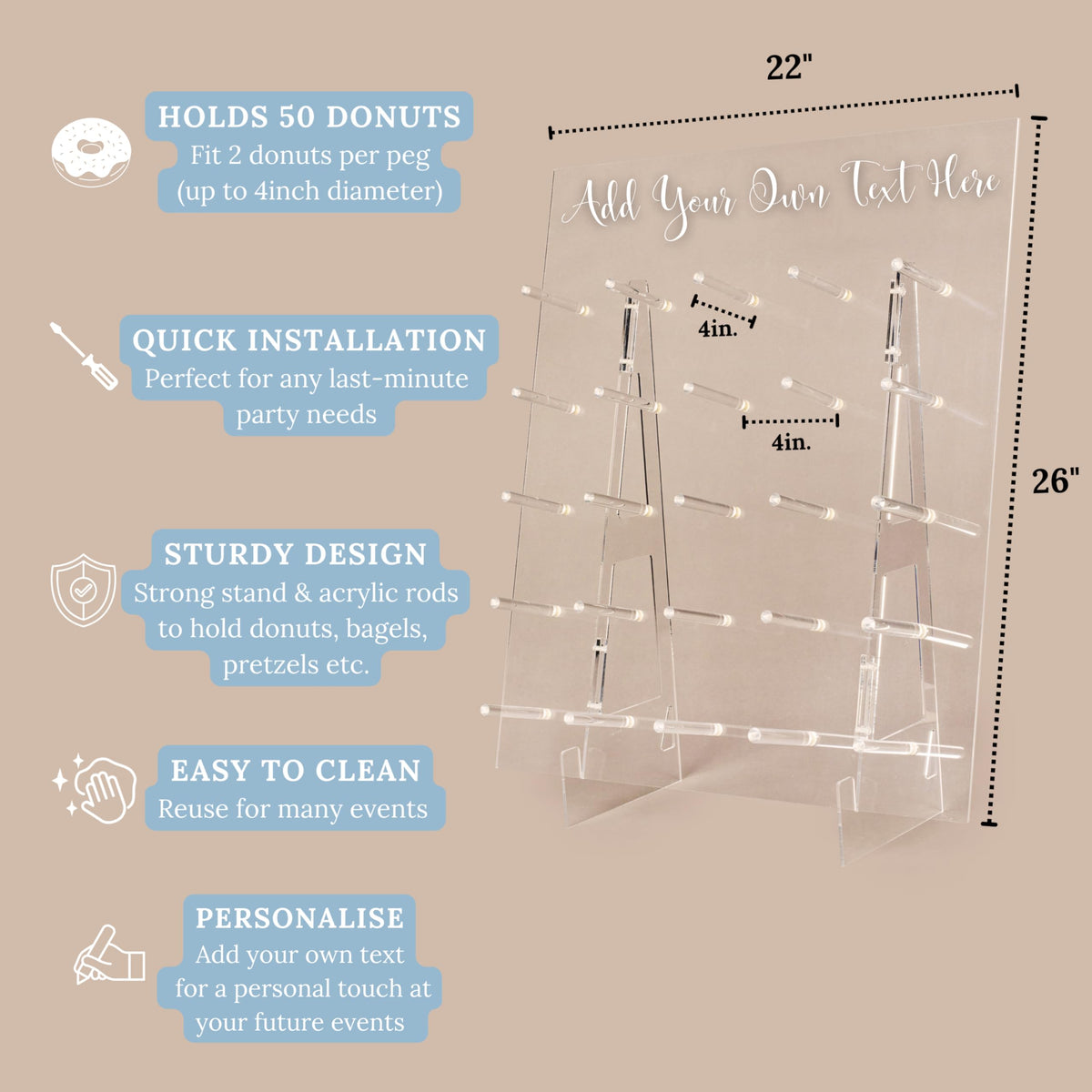 Donut Wall Display Stand - Acrylic Donut Stand Holds 50 Donuts | XL Donut Board Display | Large Donut Wall Stand for Party & Wedding | Donut Holder Stand Party Decor (26x22in - Plain Design)