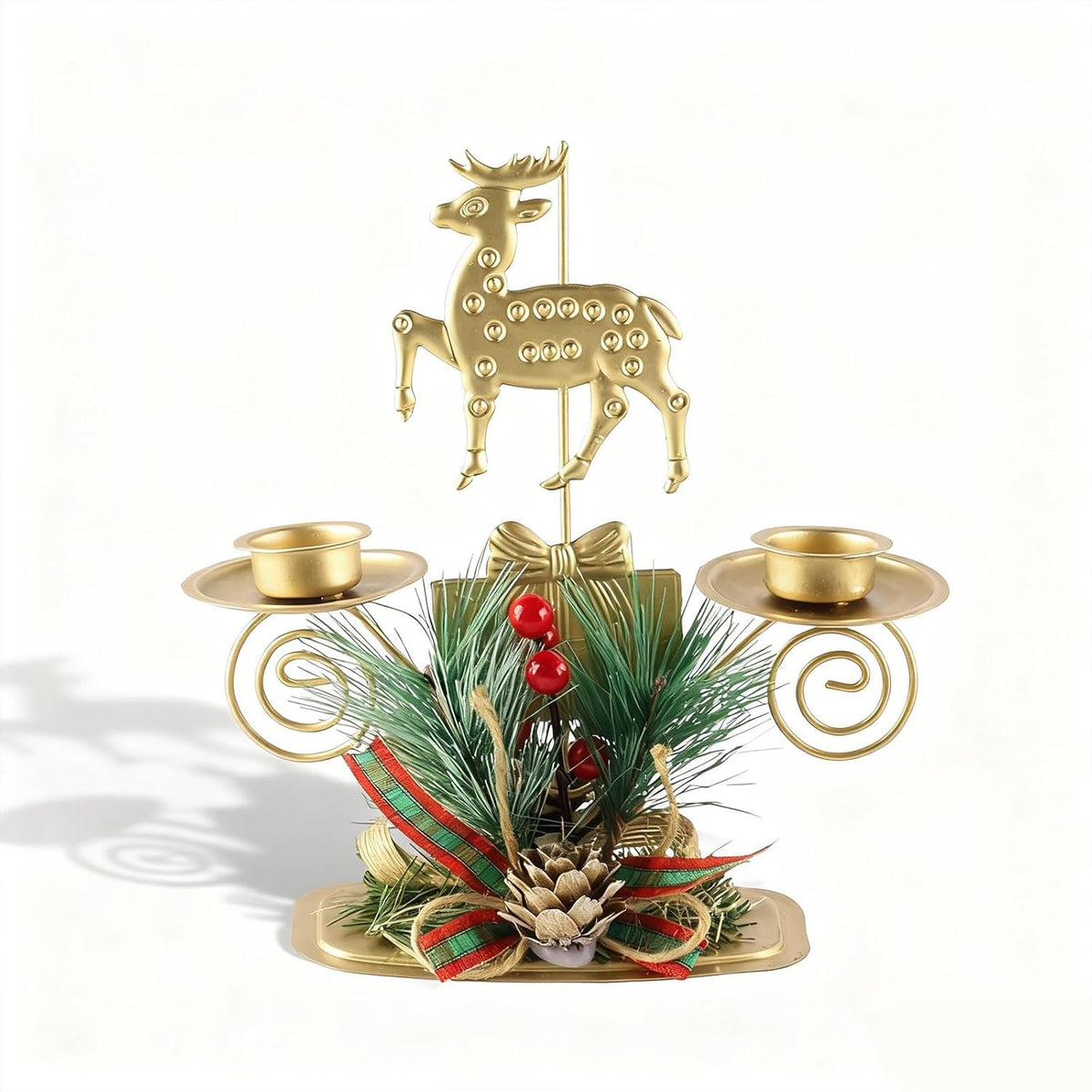 ABTOLS Reindeer Tealight Candle Holders - Festive Elk Gold Design with Red Berry | Perfect for Christmas Table Decor