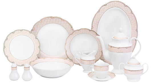 Dinnerware Set for 8-49 Piece Vintage Porcelain Dining Set - Gorgeous White and Pink Floral Design - Plates, Bowls, Cups and Saucers - For Everyday Dishes and Formal Occasions (Sandra Pink 2049)