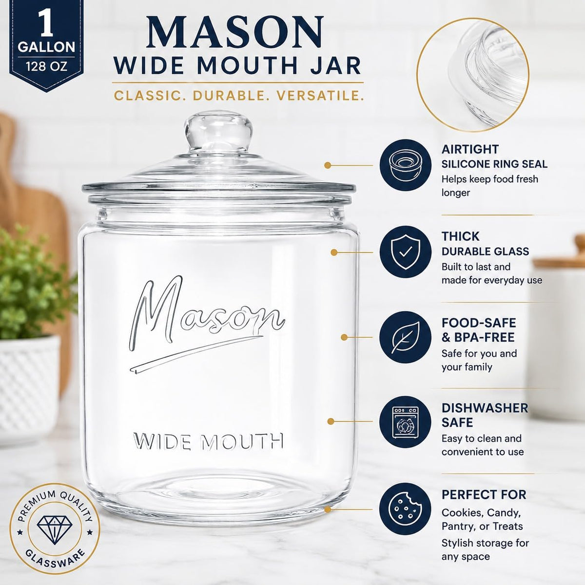 1 Gallon Mason Glass Cookie Jar with Lid – Wide Mouth Glass Storage Jar with Embossed Mason Logo, Airtight Pantry Container with Measurement Markings for Cookies, Candy, Flour & Dog Treats – Pack of 2