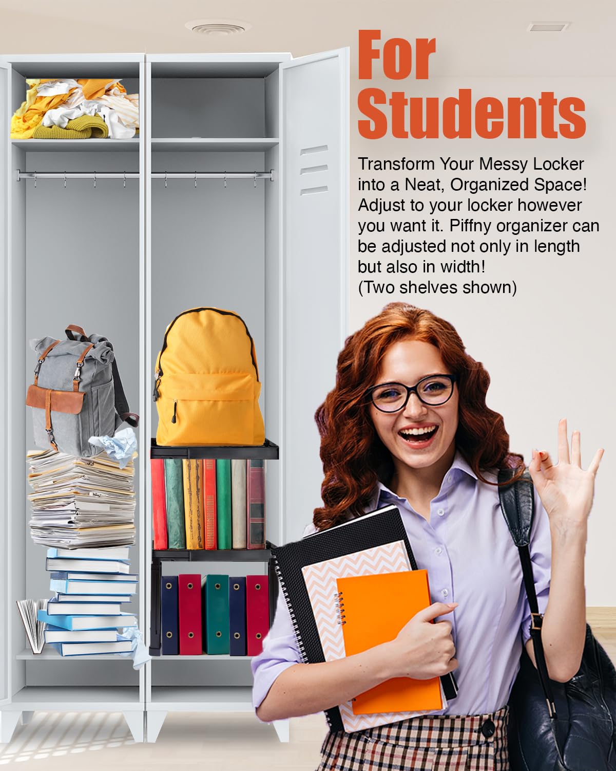 Piffny Locker Organizer Shelf， Adjustable Width and Height, Stackable, Ideal Locker Shelf for School, Office, Gym Lockers, or Even Kitchen Cabinets & Under Sink Organization (Black 1 Pack)