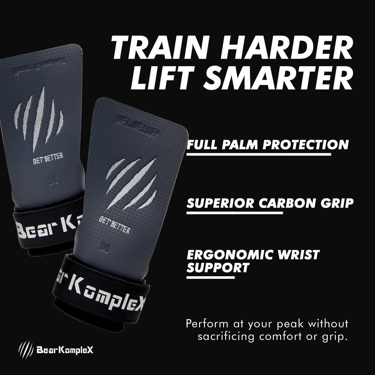 Bear KompleX - Premium Hand Grips for Fitness & Gymnastics, No-Slip Pull Up Grips for Weight Lifting, Strength Training, and Bar Work, Palm Protection with Padded Wrists, Carbon No-Hole Design - Large
