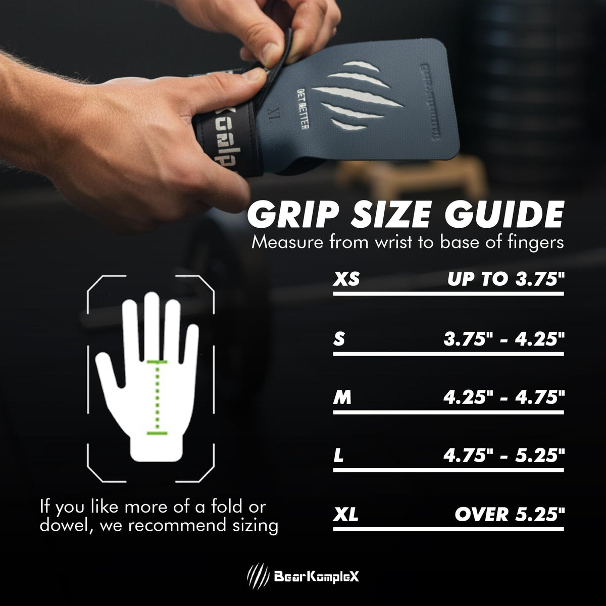 Bear KompleX No Hole Carbon Hand Grips - Non-Slip Fingerless Gymnastics Grips for Weight Lifting, Pull-ups & Cross Training | Lightweight, Padded Wrists & Foldable Grip.