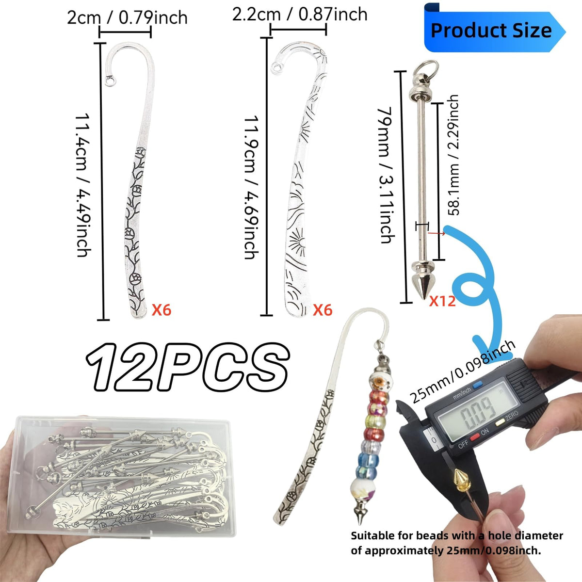 12 Pcs Beadable Bookmarks DIY Metal Blank Bar Bookmark for Beads Metal Bookmark Hairpin Hook Carved Antique Vintage Bookmarks Gift for Book Lovers Student Teacher Office Supplies (Silver)