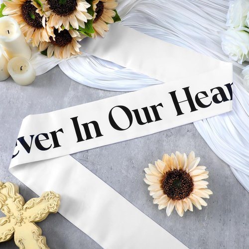 Fanfanwin Funeral Sash - Memorial Wreath Ribbon for Celebration of Life | 58x4" White, Forever in Our Hearts