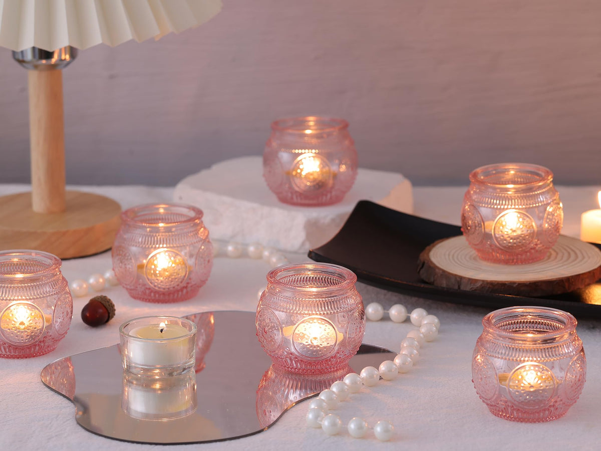 LAMORGIFT 24 Pcs Pink Candle Holder for Bridal Shower, Wedding Table Decorations- Floral Style Pink Votive Candle Holder, Centerpieces for Birthday, Engagement Party Decor