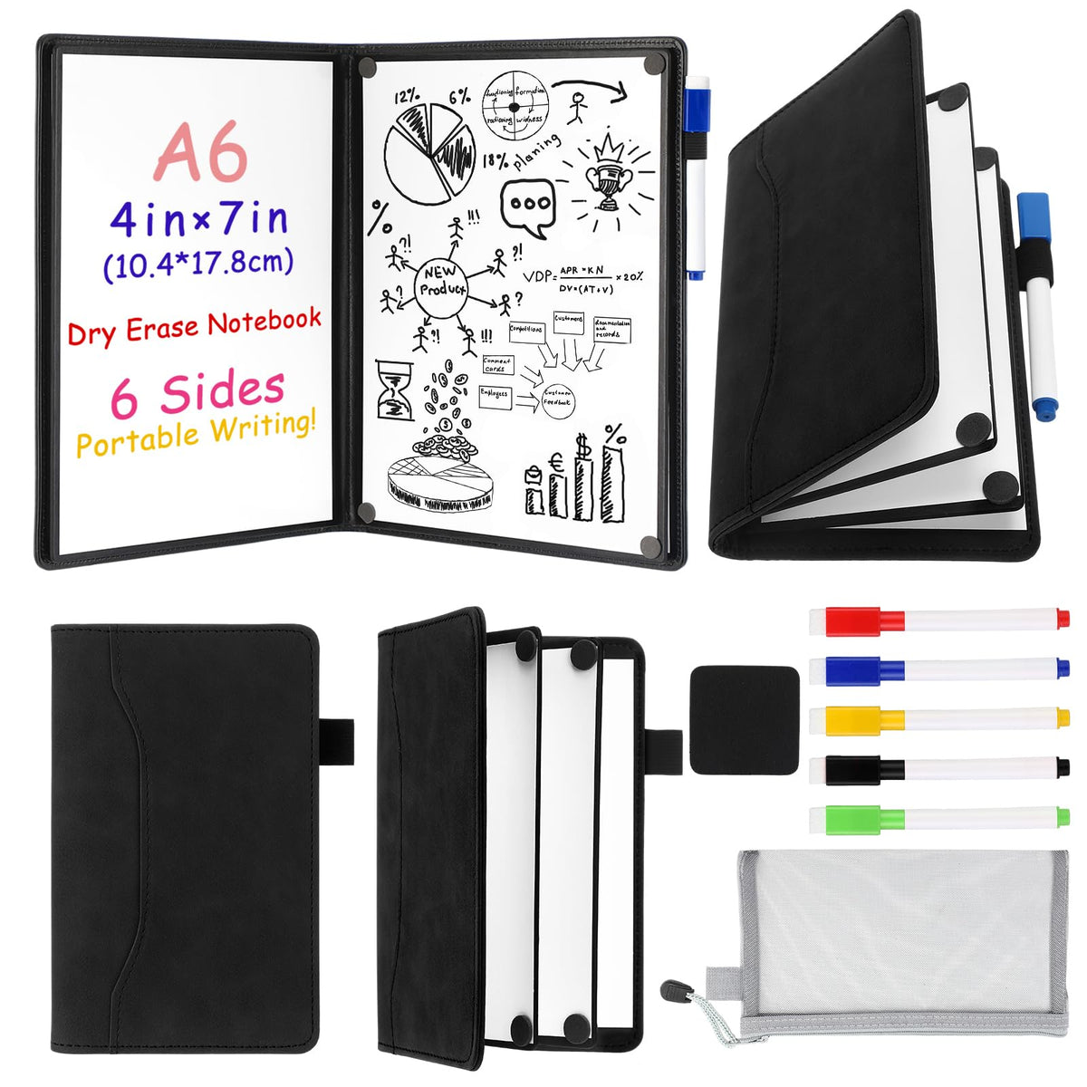 Feifeiya 6 Sides Dry Erase Notebook Portable White Board 5"x7"(a6) Mini Dry Erase White Board Notebook Foldable Anti-ghosting Surface for Office, School, Study, Travel & Business Meeting Planning