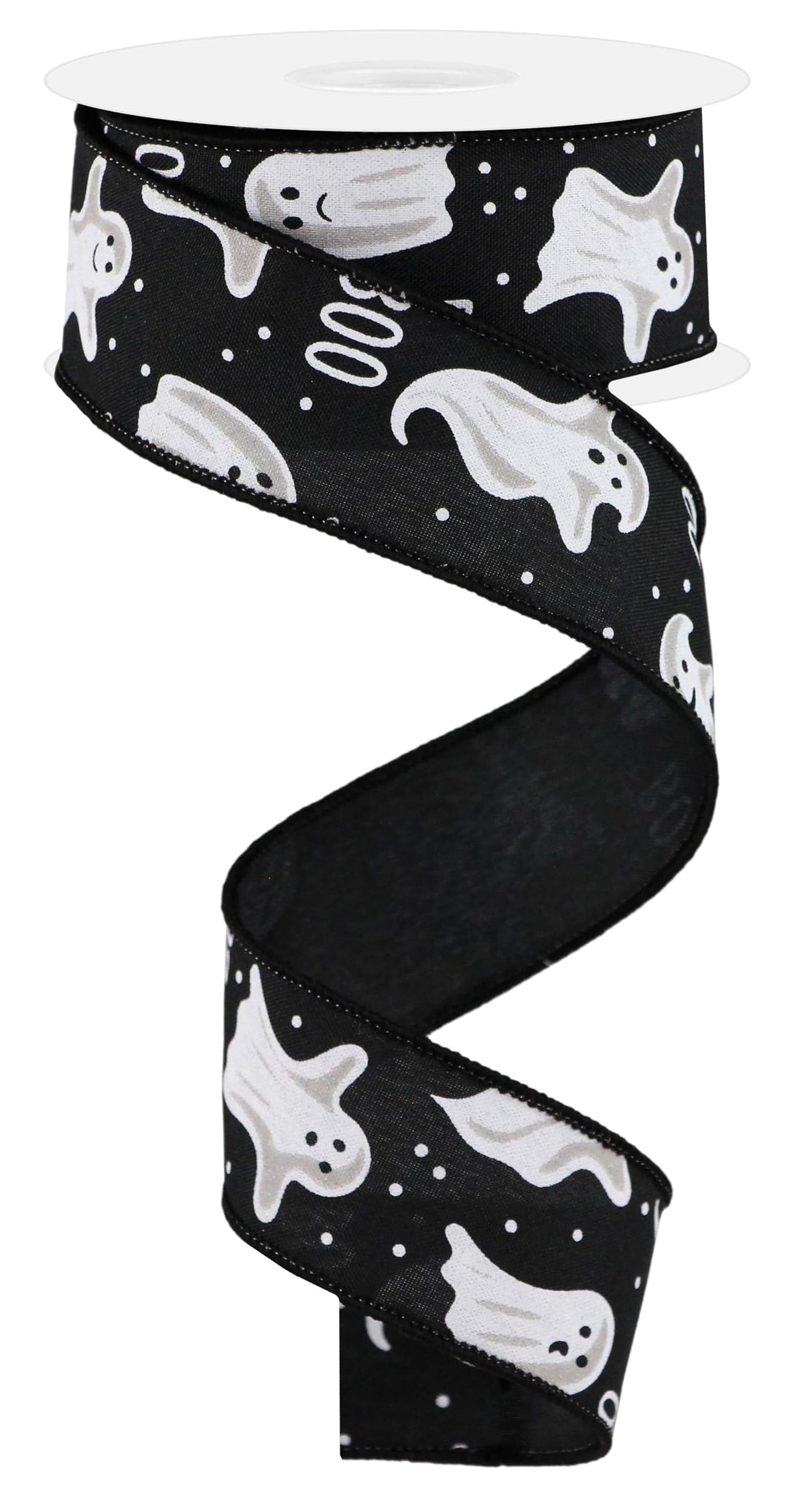 RG Ribbon Halloween Ghosts and Polka Dots, Wired Edges (Black, White, 1.5" Inches x 10 Yards)