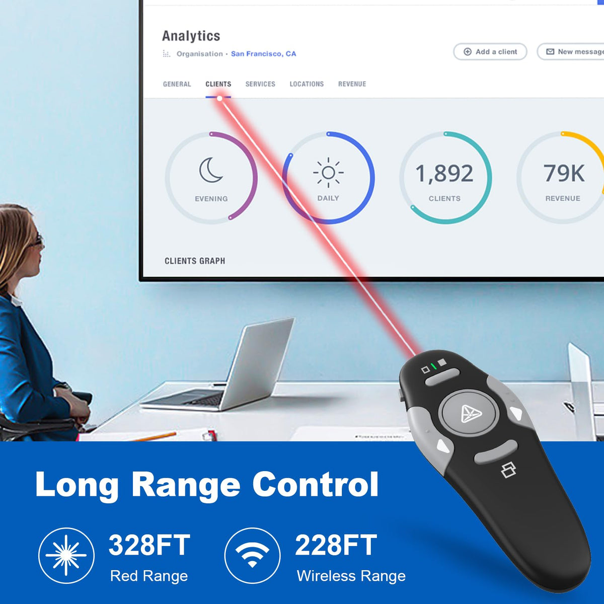 QUI 2 Pack Presentation Clicker, Wireless Presenter Remote Clicker for PowerPoint, Slide Advancer for Mac, Windows, Google Slide, Keynote (USB Type-c, Black Blue)