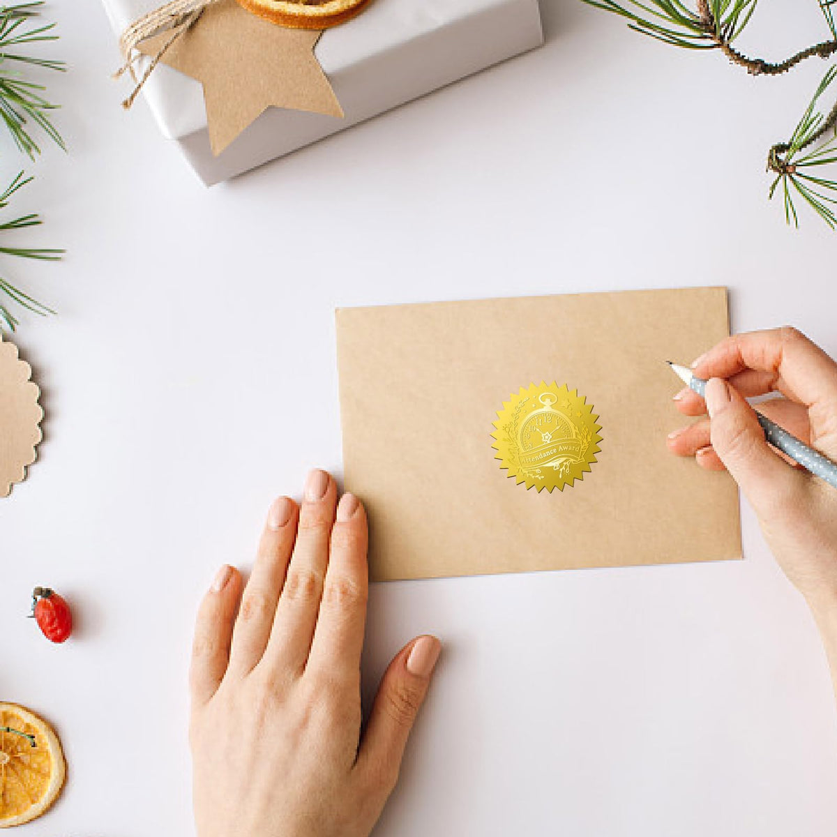 CRASPIRE 408Pcs Attendance Award Clock Gold Foil Embossed Stickers 2" Self Adhesive Envelopes Seals Round Labels for Wedding Invitation Graduation Corporate Certificates Diplomas Gift Wrapping Decor