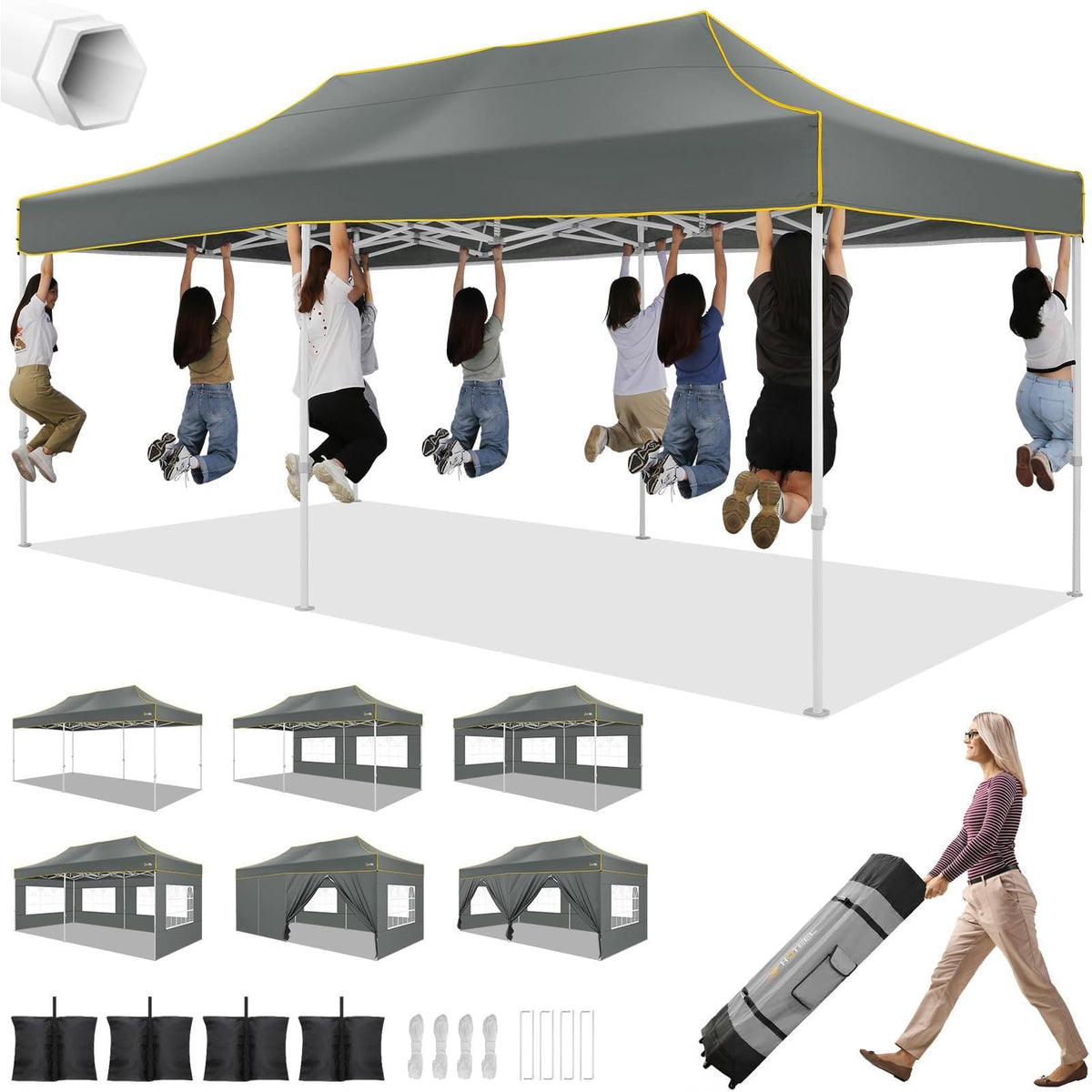 HOTEEL 10x20 Heavy Duty Pop up Canopy Tent with 6 Sidewalls, Easy Setup Outdoor Commercial Instant Gazebo for Parties Wedding Event, with Roller Bag & Sand Bags, Gray(Hexagonal Frame)