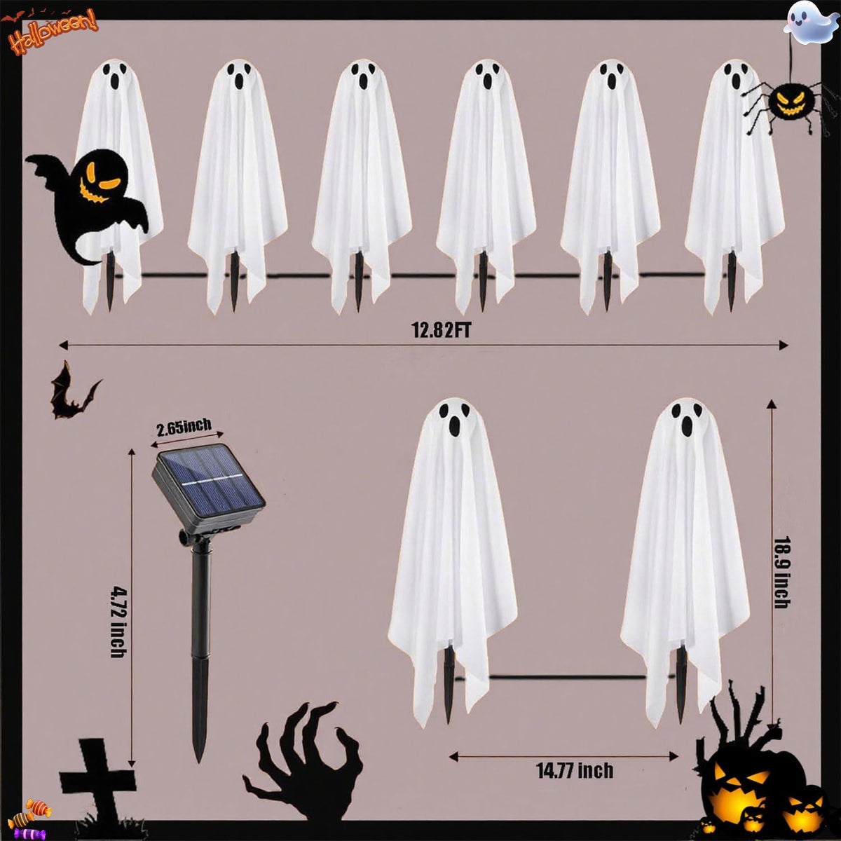 6 in 1 Halloween Decorations Outdoor, Solar Ghost Pathway Lights, Waterproof, LED Light Up Spooky Ghost Decor for Front Door Porch Garden Yard Lawn Patio Halloween Party