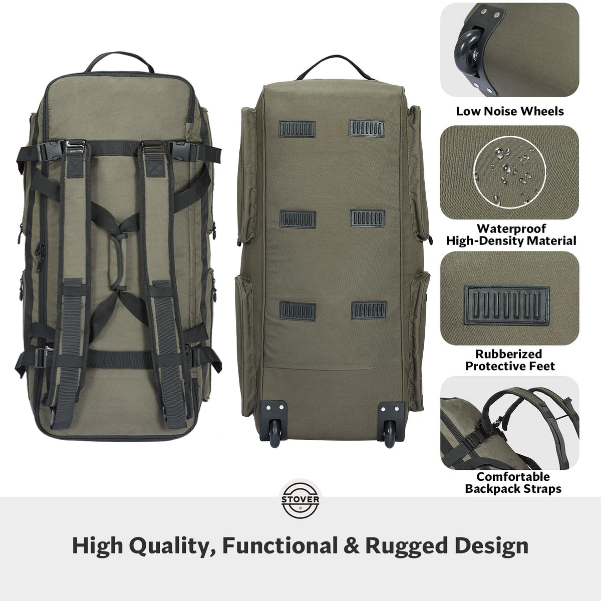 STOVER 45/80/100L U-Zip Rolling Duffel Bag with Wheels, X-Large Durable Travel Duffle + Toiletry Bag, Lay-Flat Opening, Packable w/Shoulder Straps- Use as Luggage or Backpack, Men/Women (Green)