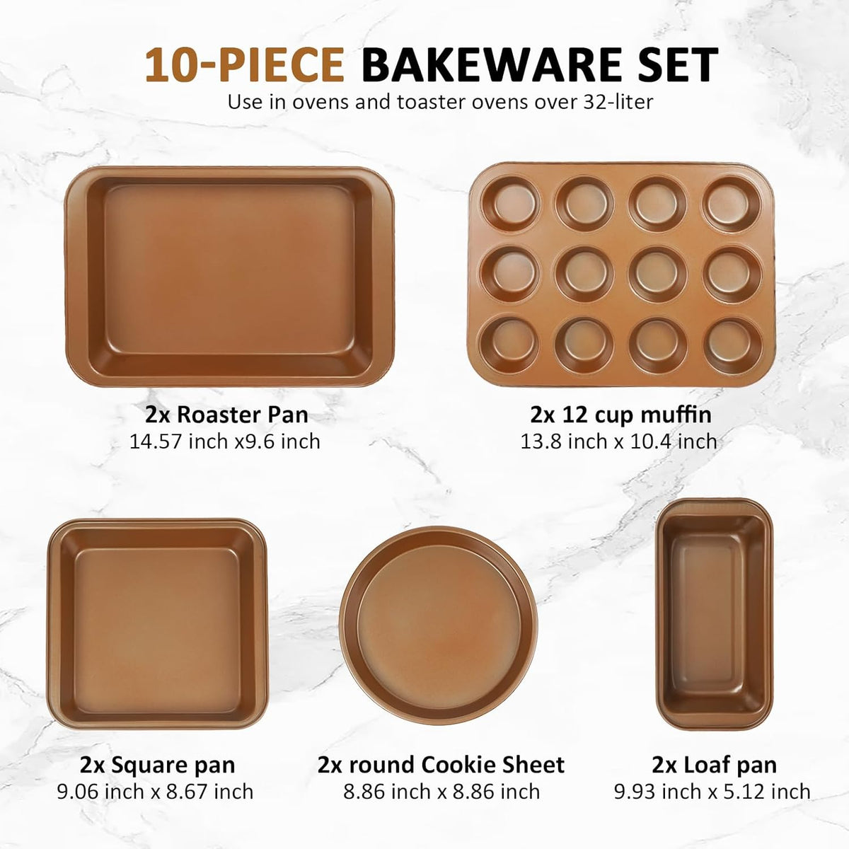 10PCS Nonstick Baking Pans Set | Oven & Dishwasher Safe Bakeware - Includes Cookie Sheets, Muffin Pan, Bread Pan, Cake Pan, Roasting Pan - Gold