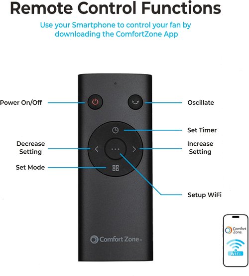 Comfort Zone Smart Wi-Fi Oscillating Tower Fan - Bladeless, 5 Speeds, Adjustable 36-42" Height, Remote & App Control