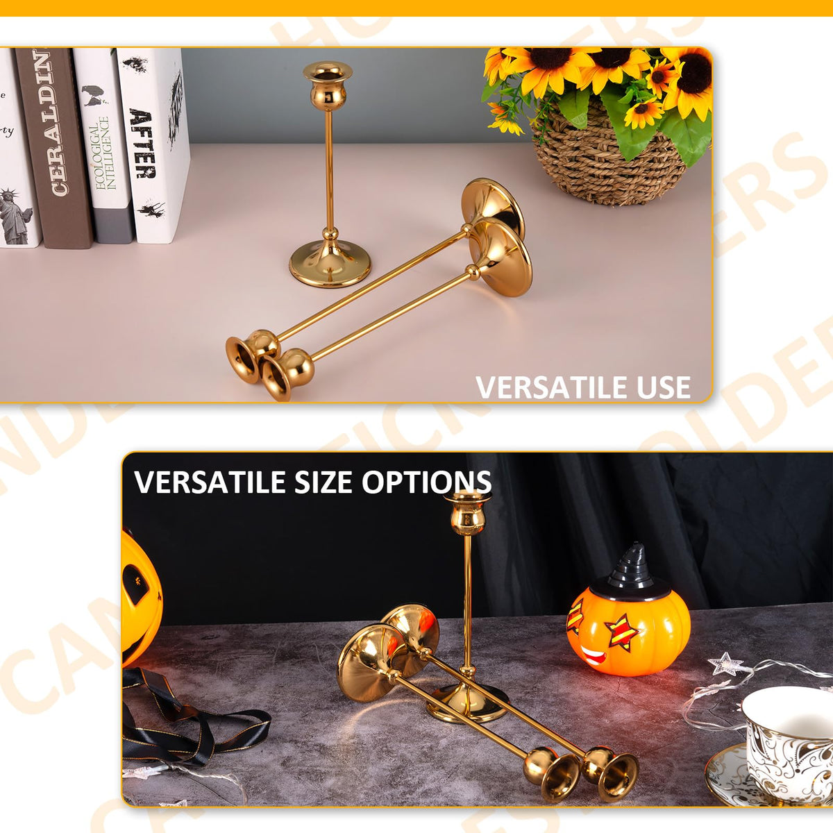 Taper Candle Holder Tall Vintage Metal Candlestick Holders Candle Stick Candelabra for Halloween Thanksgiving Christmas Holiday Wedding (Gold, 2 Sets (6 pcs))