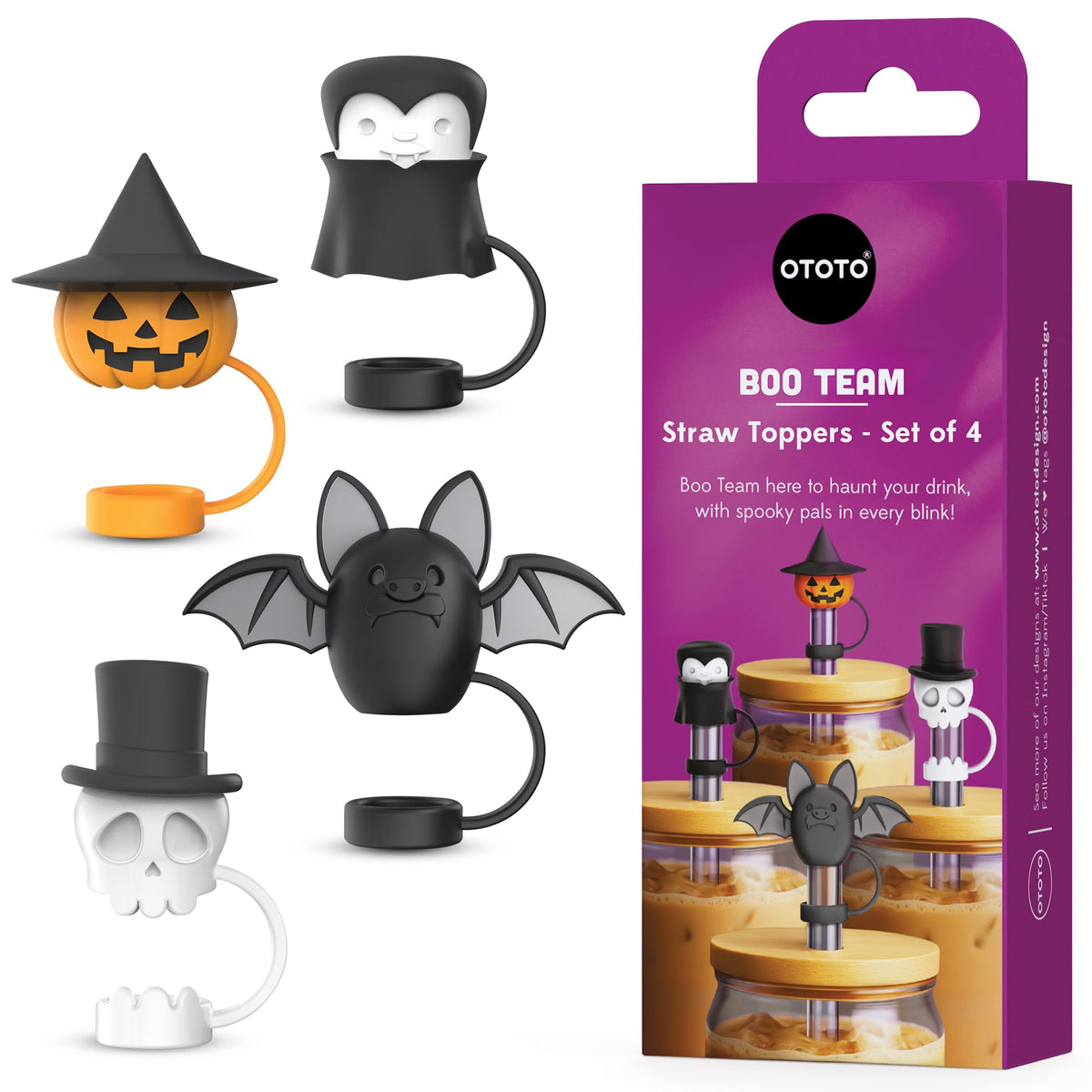 OTOTO Boo Team Straw Toppers Set of 4 - Straw Covers Cap for Tumblers, Covers, Caps for Tumbler Accessories, Cute Water Bottle Accessories, Goth Halloween Spooky Witchy Gifts, Witch