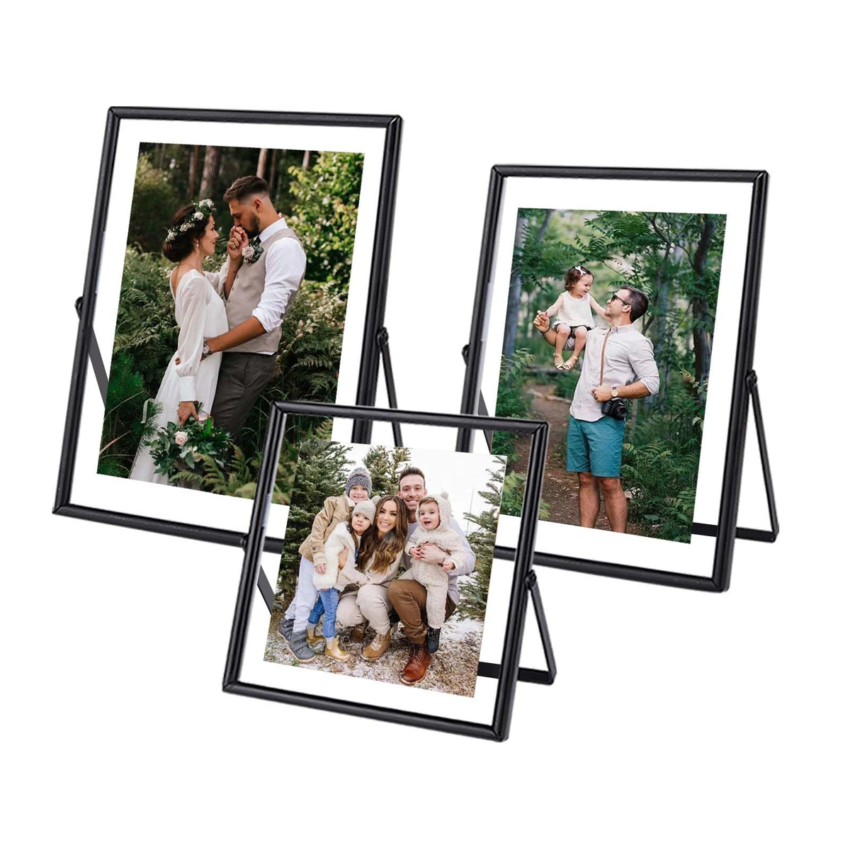 HSAUYU Glass Picture Frame Set of 3, Black Simple Metal Geometric Photo Frame with Glass Cover Includes 5x7, 4x6, 4x4 - Tabletop Floating Picture Frames for Home Decoration, Gift for Father's Day
