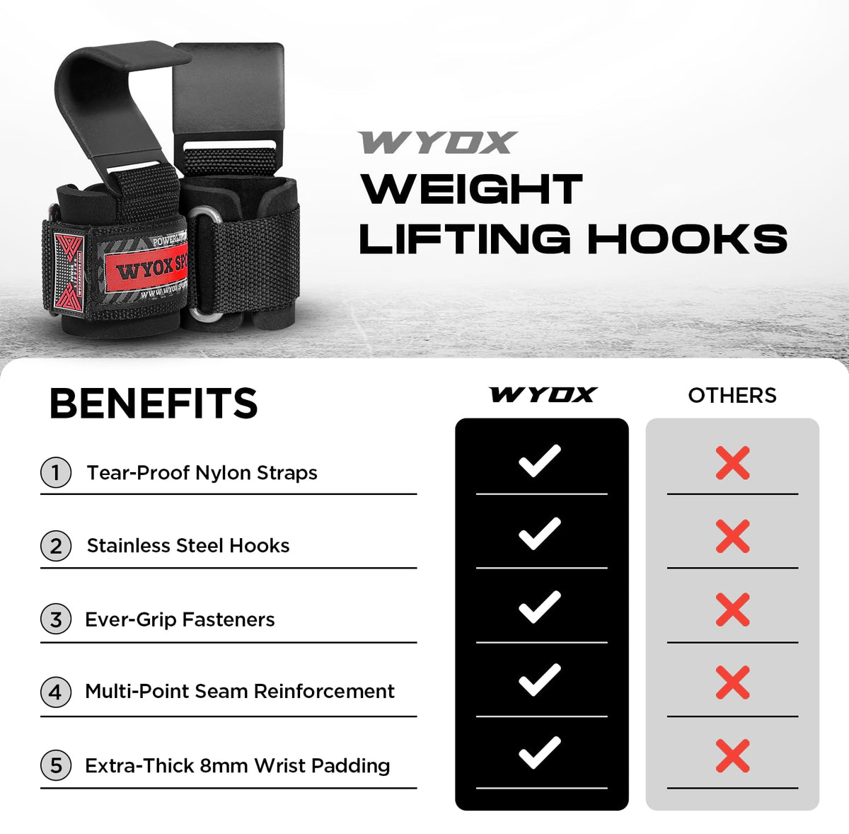 WYOX Weight Lifting Hooks for Deadlift, Pull Ups & Rows – Heavy Duty Wrist Support Grips to Lift Heavier, Reduce Grip Fatigue & Improve Performance – Padded Straps for Men & Women (Pair of 2)