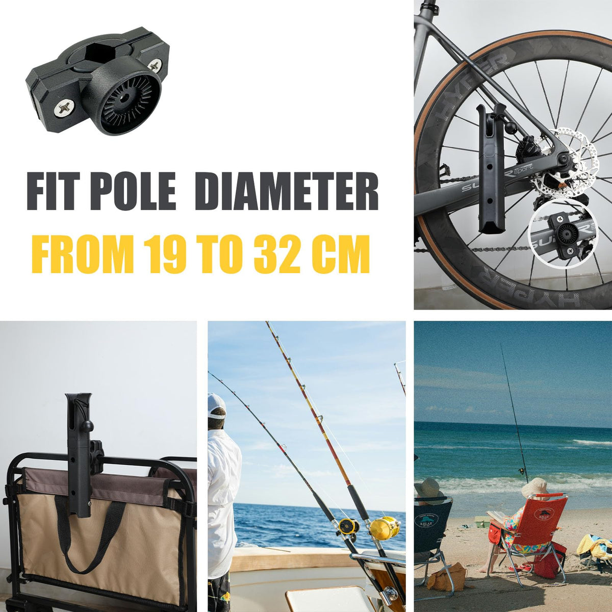 VEXPLO Adjustable Pole Mount Bike Fishing Rod Holder for Bicycle, Boat, Chairs, Cart, Scooter, Motorcycle, ATV & Beach Car, Fishing Pole Holder for Bike Rack with Mount Clamp (1.6" Inner Diameter)