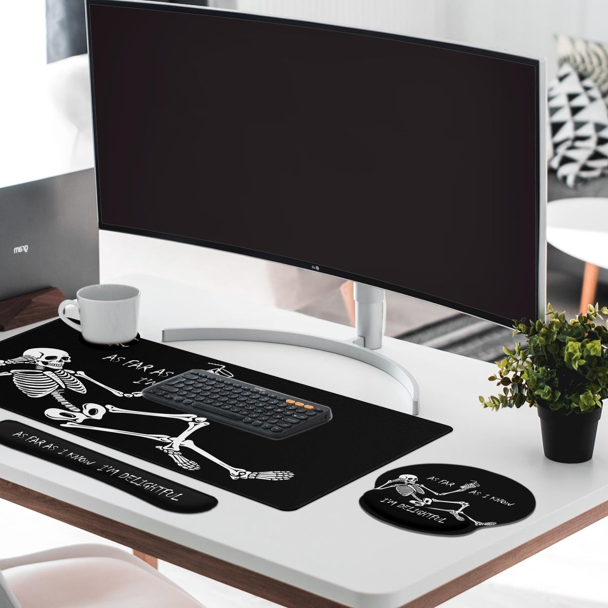 Britimes Black Skull Skeleton Keyboard Mouse Pad Set 4in1 Large Mousepad+Keyboard Wrist Rest+Mouse Wrist Rest+Coaster Set with Ergonomic Design for Home Office Computer 35.4x15.7 inches