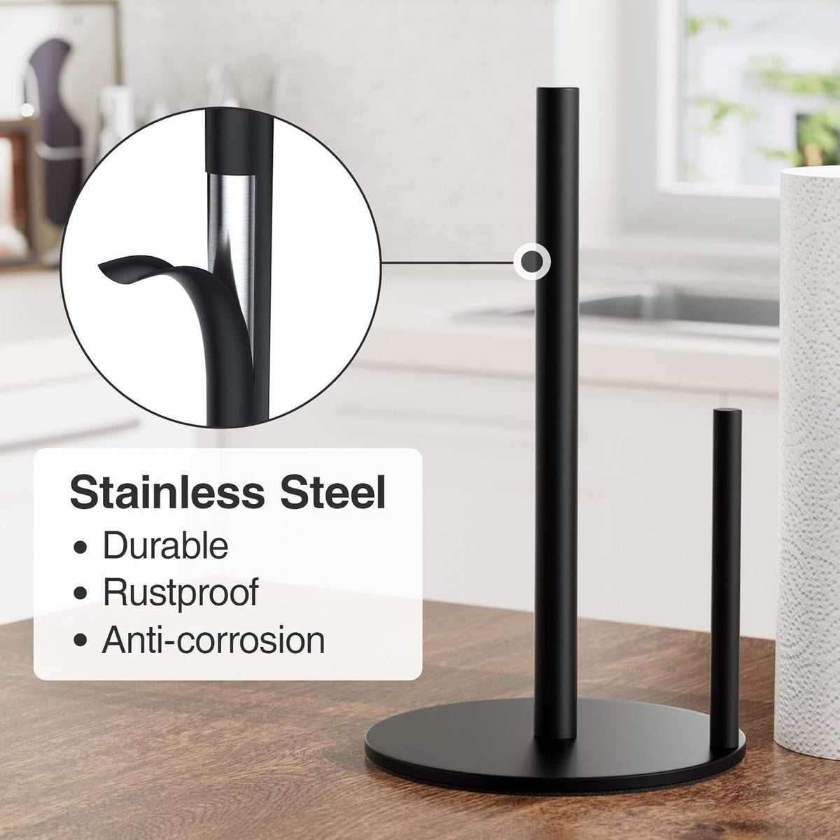 Premium Stainless Steel Paper Towel Holder by [Brand Name] - Stylish Black Countertop Dispenser with Weighted Base