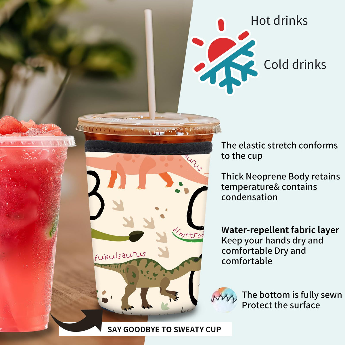 DAORJWL 3 Pack Reusable Insulated Neoprene Sleeve for Iced & Hot Drinks, Cute Durable Iced Coffee Cup Sleeve, Beverage Holder for Iced Coffee Cute Dinosaur