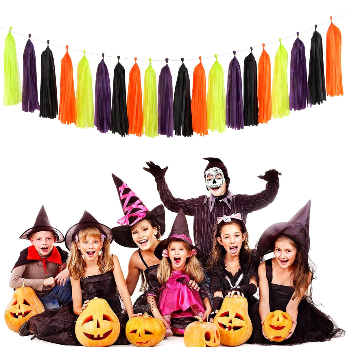 Black-Purple Orange Green Halloween Party-Decorations - 30pcs Tissue Pom Poms Streamers,Tassel Garland Banner,Birthday Wedding Baby Bridal Shower Decor Bunting Supplies Lasting Surprise