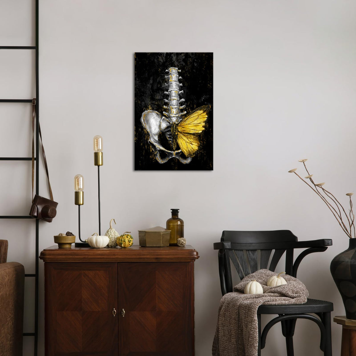 iKNOW FOTO Anatomical Spine Wall Art with Gold Butterfly 16x24 Inch Medical Skeleton Canvas Print for Doctor Office Nurse Station Physical Therapy Clinic Decor Ready to Hang