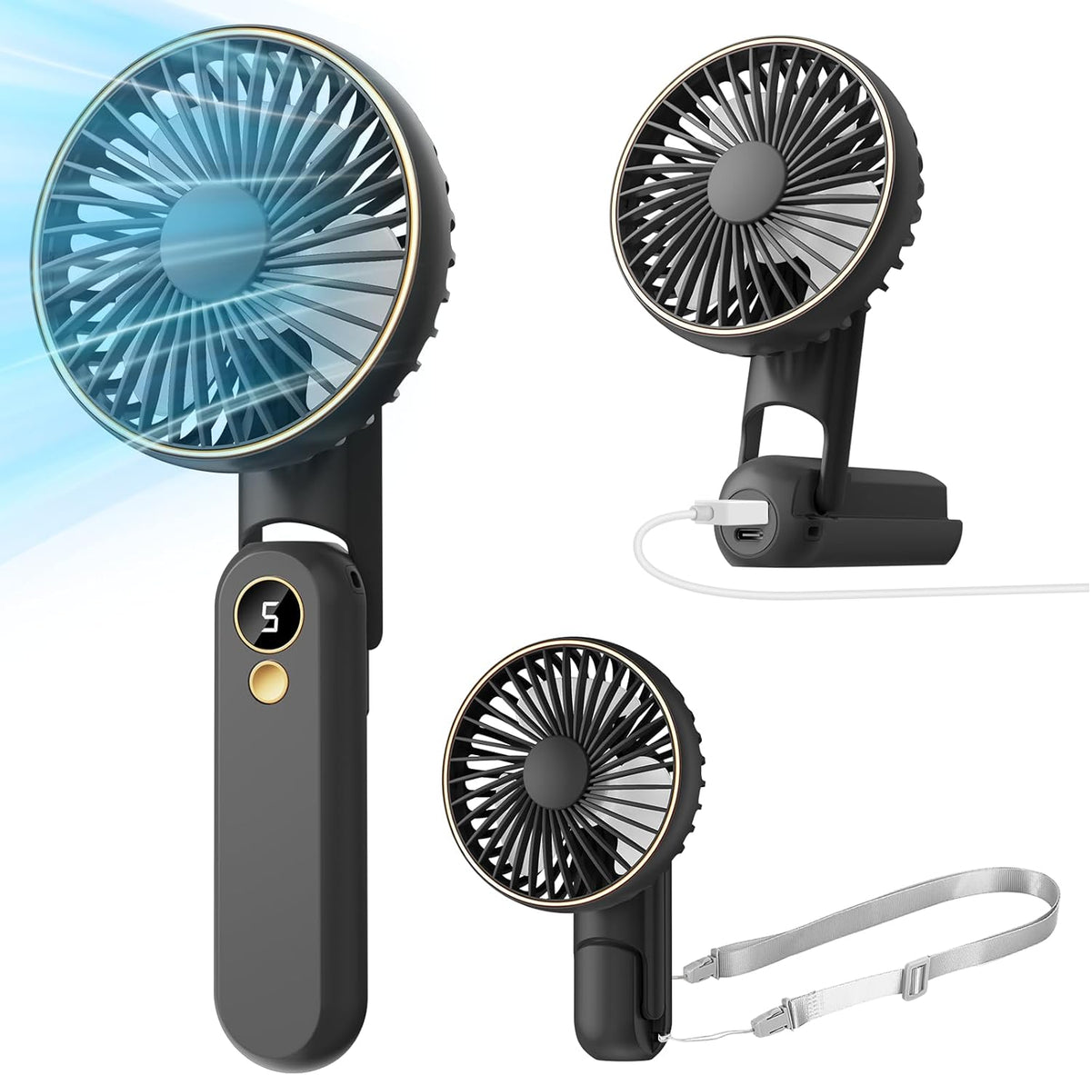 Skiennix Portable Handheld Fan - USB Rechargeable Mini Fan with 180° Foldable Design | 5 Speed Settings, LED Display, Black - Perfect for Travel & Outdoor Use