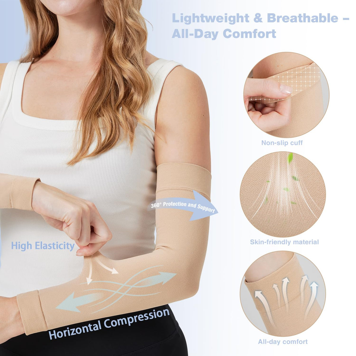 NOMIYEI Lymphedema Arm Sleeves for Women - 20-30 mmHg Graduated Compression Full Arm Support for Swelling Relief, Post-Surgery Recovery & Improved Circulation, Beige, Large
