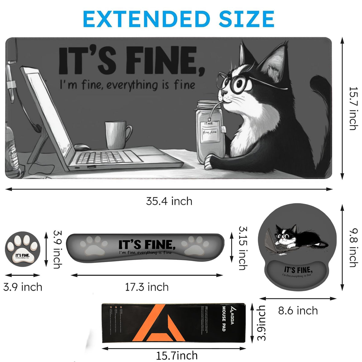 AQQA Funny Keyboard Mouse Pad Set,XXL Mouse Mat+Keyboard Wrist Rest Support, Cat Ergonomic Mouse Pad with Wrist Rest, 4 Pcs Cute Office Desk Accessories,35.4×15.7 in