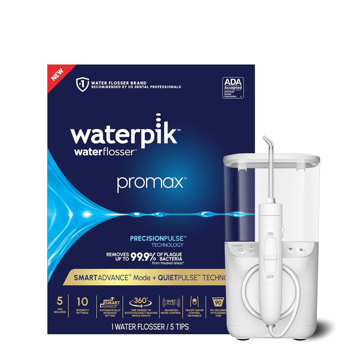 Waterpik Promax Water Flosser - SmartAdvance Mode for Optimal Gum Health | Quiet Design, 10 Settings, 5 Tips