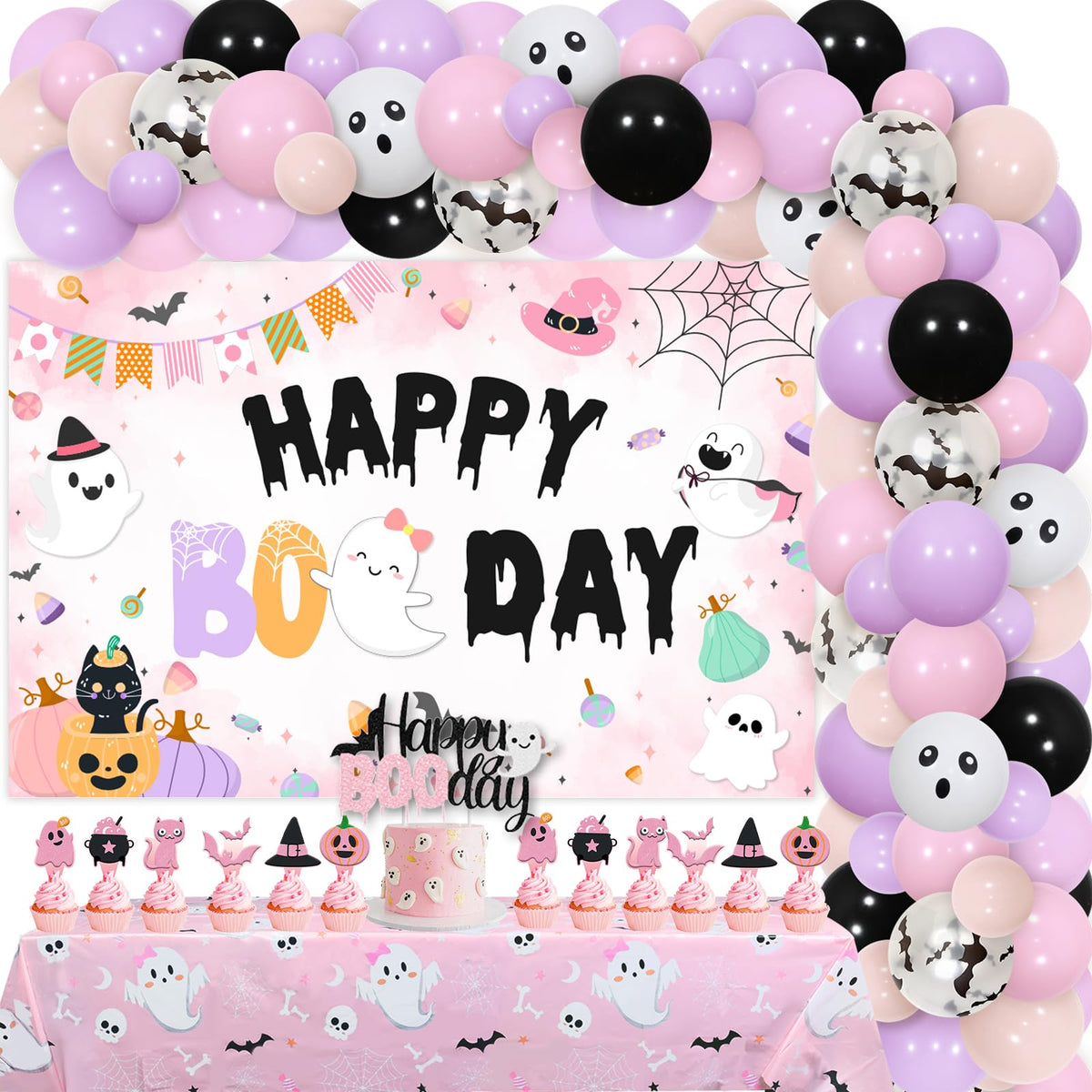 Balterever Happy Boo Day Party Decorations for Girl Pink Black Halloween Birthday Balloon Garland Kit with Happy Boo Day Backdrop Cake Cupcake Toppers Pink Halloween Tablecloth for Girl Bday Party