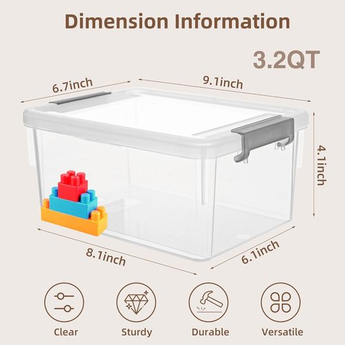 Citylife Small Storage Bins - 3.2 QT Clear Plastic Containers with Lids | Stackable Organizing Bins (6 Pack)
