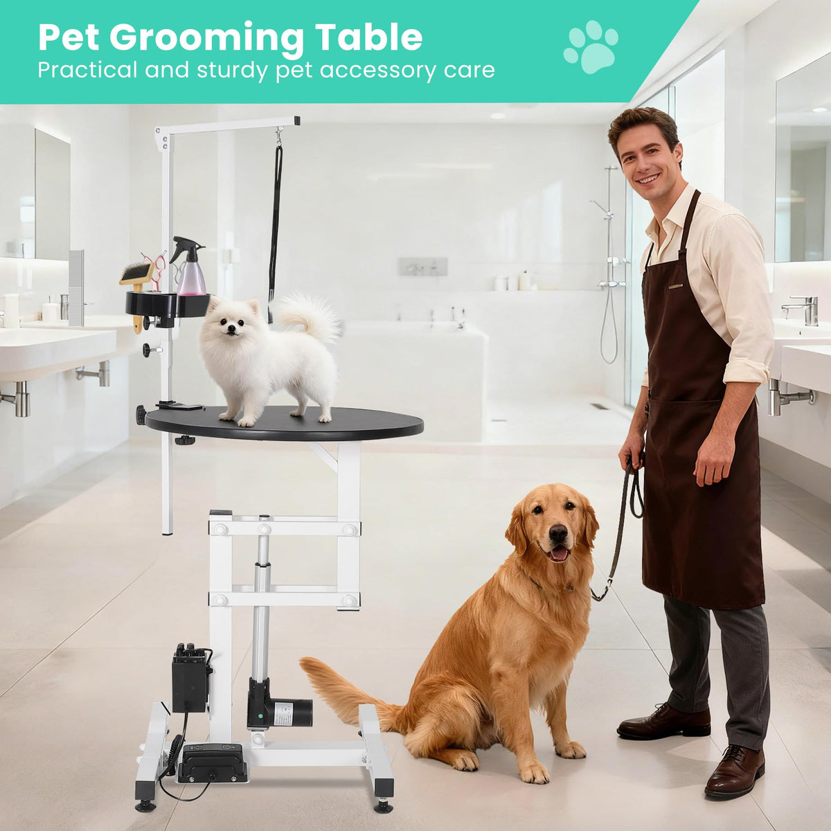 ActiveTrail Electric Hydraulic Lift Dog Grooming Table – 24 Inch Rotating Desktop, Overhead Arm, Foot Remote, Tool Organizer, 250LBS Capacity – Ideal for Small Pets